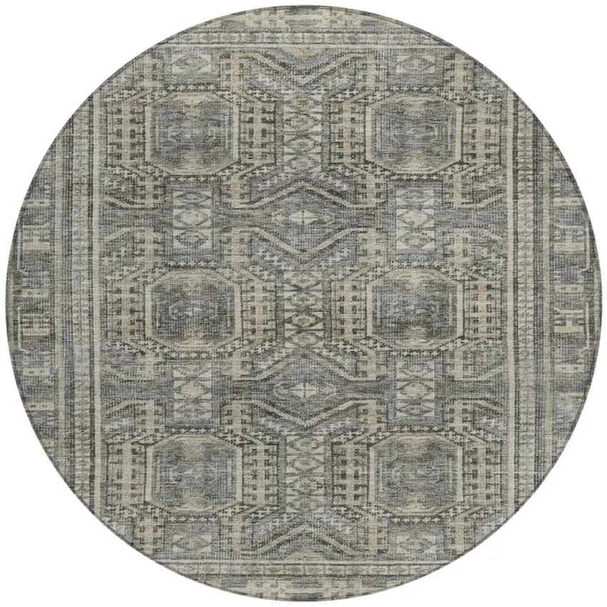 8' Pewter And Beige Round Geometric Washable Indoor Outdoor Area Rug Photo 3