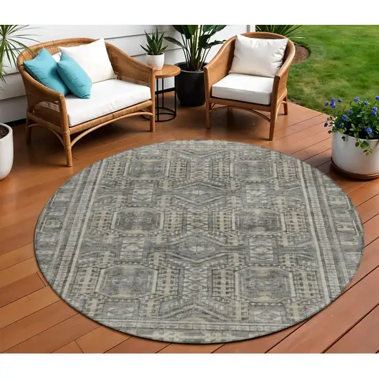 8' Pewter And Beige Round Geometric Washable Indoor Outdoor Area Rug Photo 2