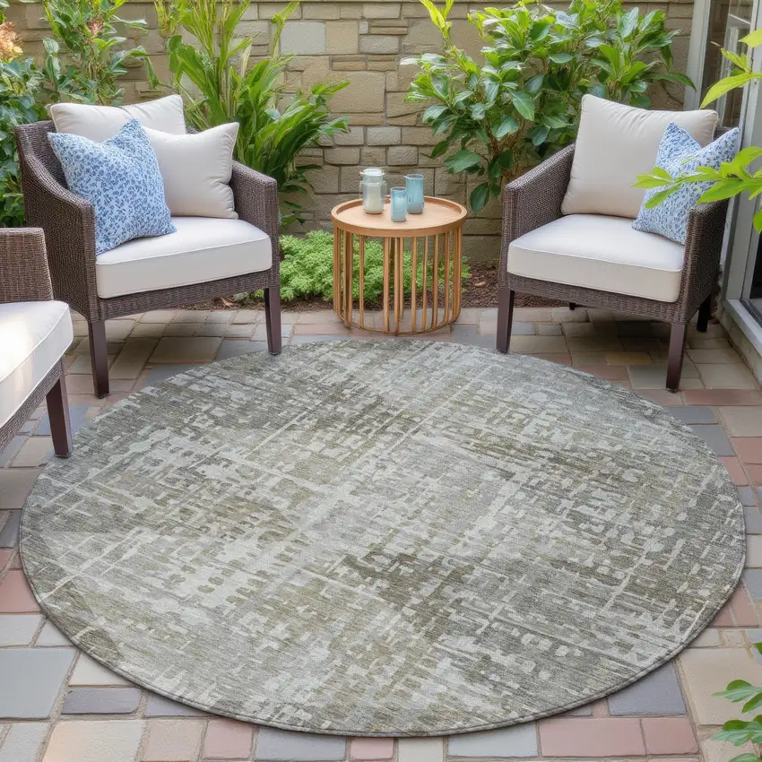 8' Pewter And Beige Round Geometric Washable Indoor Outdoor Area Rug Photo 5