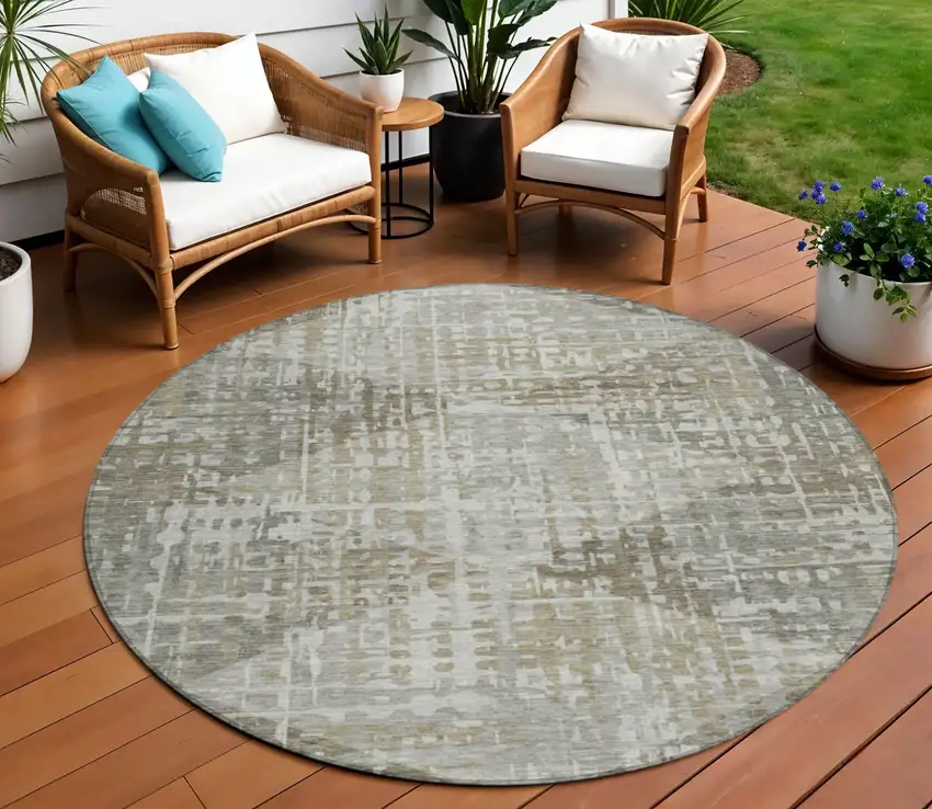8' Pewter And Beige Round Geometric Washable Indoor Outdoor Area Rug Photo 2