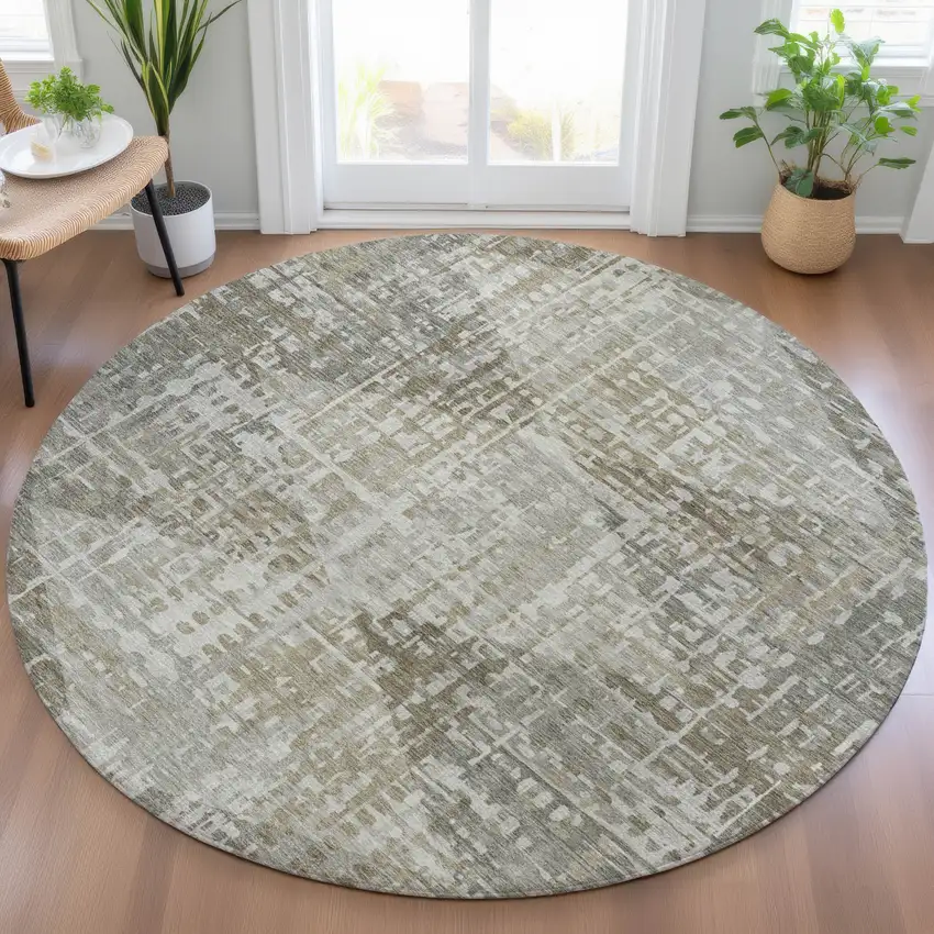 8' Pewter And Beige Round Geometric Washable Indoor Outdoor Area Rug Photo 6