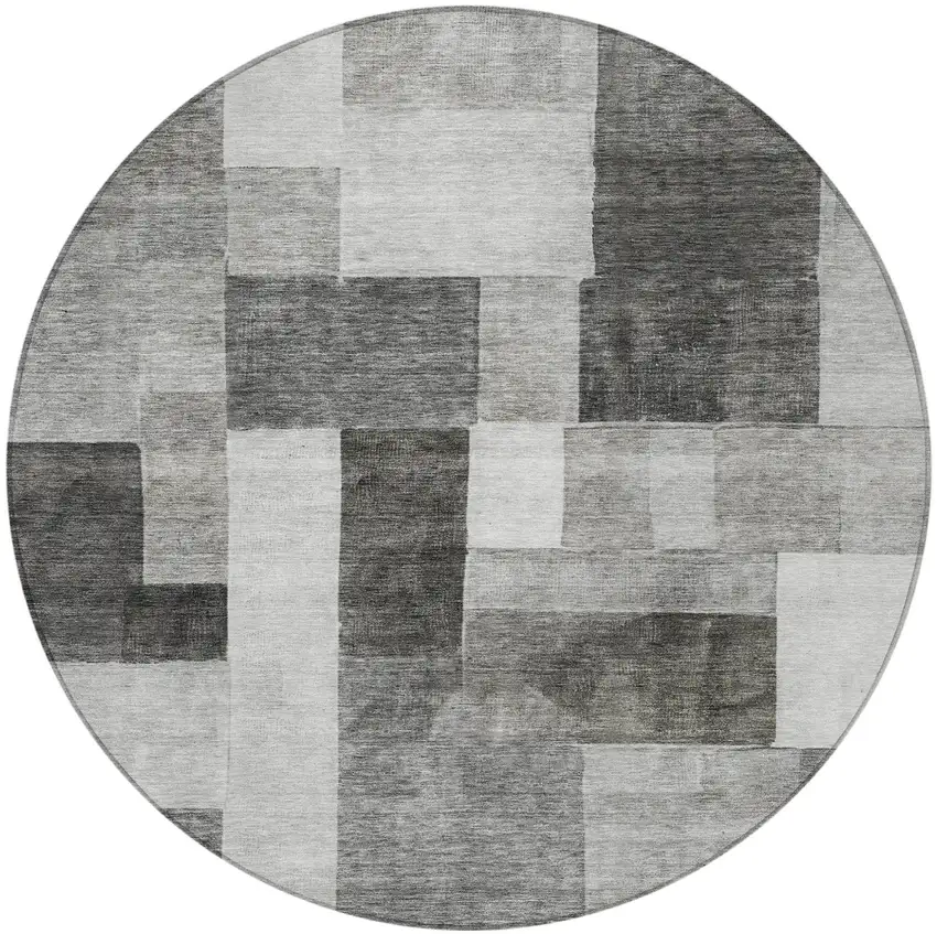 8' Pewter And Black Round Geometric Washable Indoor Outdoor Area Rug Photo 5