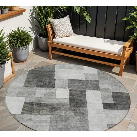 8' Pewter And Black Round Geometric Washable Indoor Outdoor Area Rug Photo 1