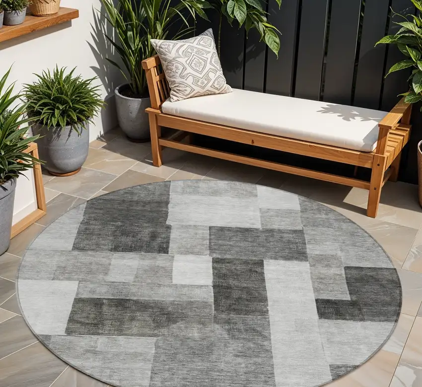 8' Pewter And Black Round Geometric Washable Indoor Outdoor Area Rug Photo 1