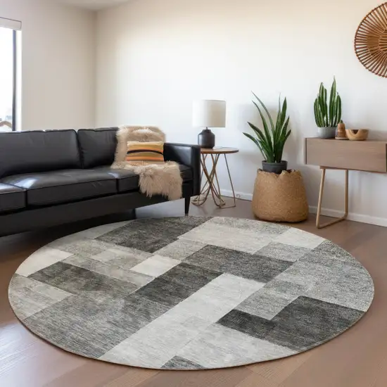 8' Pewter And Black Round Geometric Washable Indoor Outdoor Area Rug Photo 7