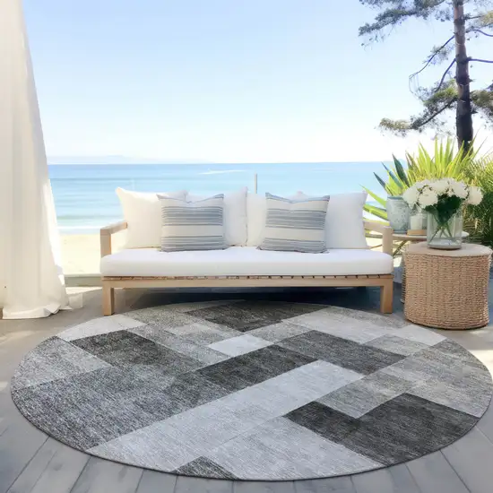 8' Pewter And Black Round Geometric Washable Indoor Outdoor Area Rug Photo 6