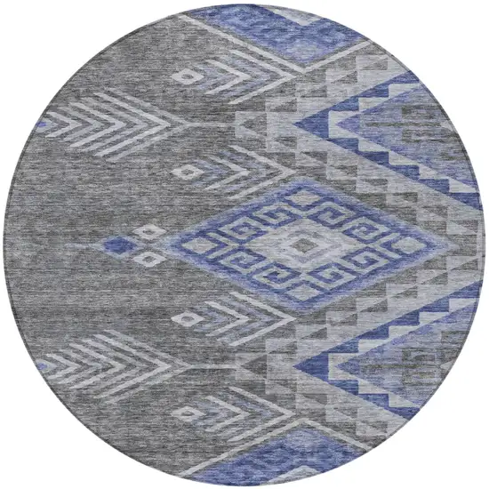 8' Pewter And Blue Round Southwestern Washable Indoor Outdoor Area Rug Photo 6