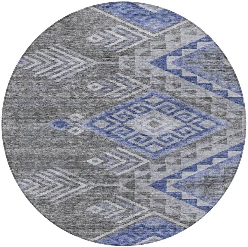 8' Pewter And Blue Round Southwestern Washable Indoor Outdoor Area Rug Photo 6