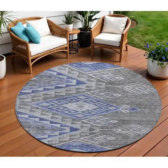 8' Pewter And Blue Round Southwestern Washable Indoor Outdoor Area Rug Photo 1