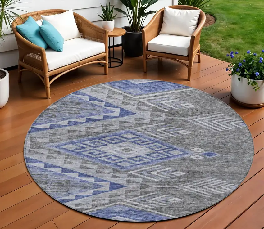 8' Pewter And Blue Round Southwestern Washable Indoor Outdoor Area Rug Photo 1