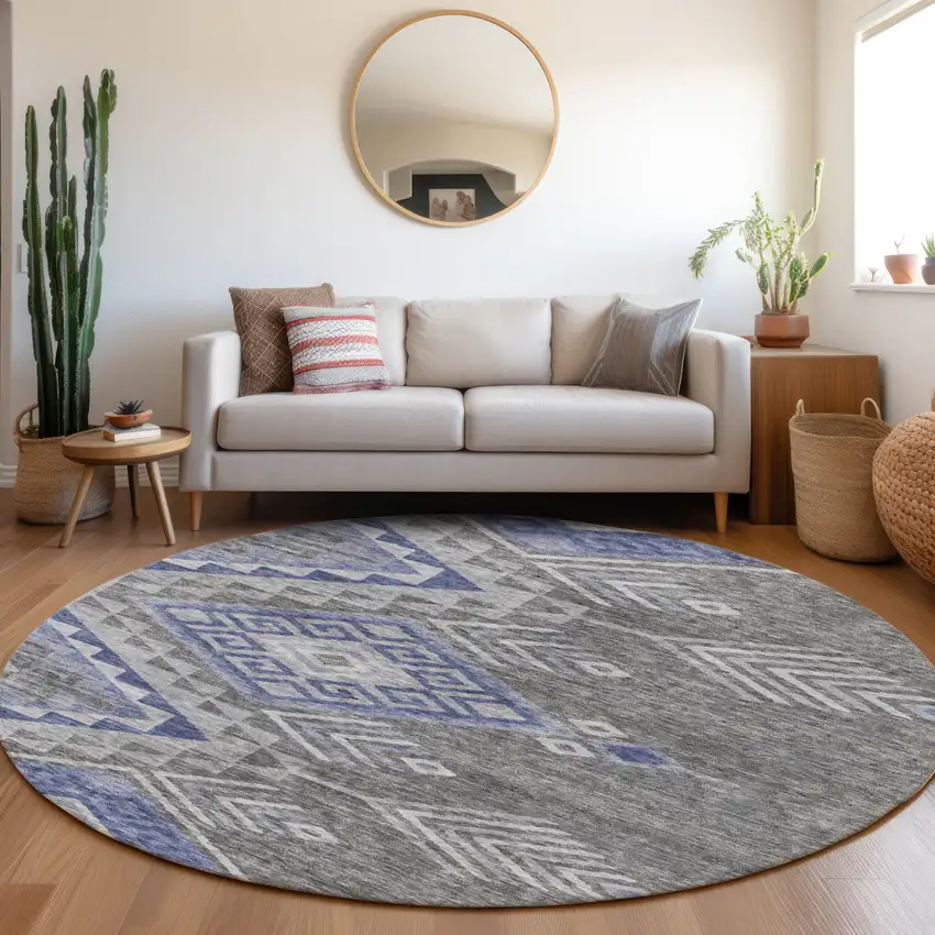 8' Pewter And Blue Round Southwestern Washable Indoor Outdoor Area Rug Photo 8