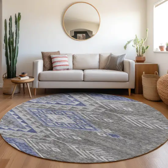 8' Pewter And Blue Round Southwestern Washable Indoor Outdoor Area Rug Photo 8