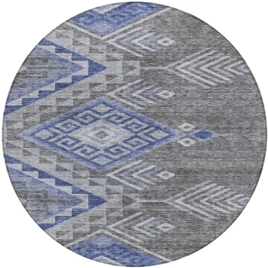 8' Pewter And Blue Round Southwestern Washable Indoor Outdoor Area Rug Photo 2