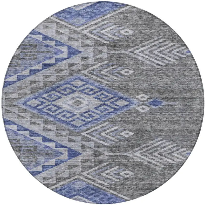 8' Pewter And Blue Round Southwestern Washable Indoor Outdoor Area Rug Photo 2