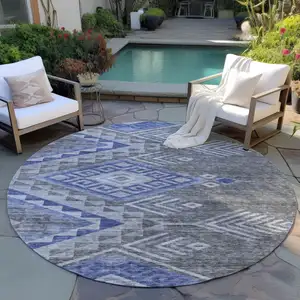 Photo of 8' Pewter And Blue Round Southwestern Washable Indoor Outdoor Area Rug