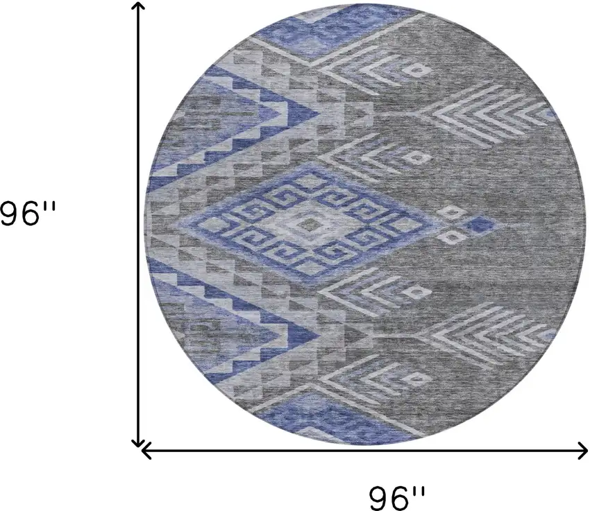 8' Pewter And Blue Round Southwestern Washable Indoor Outdoor Area Rug Photo 9