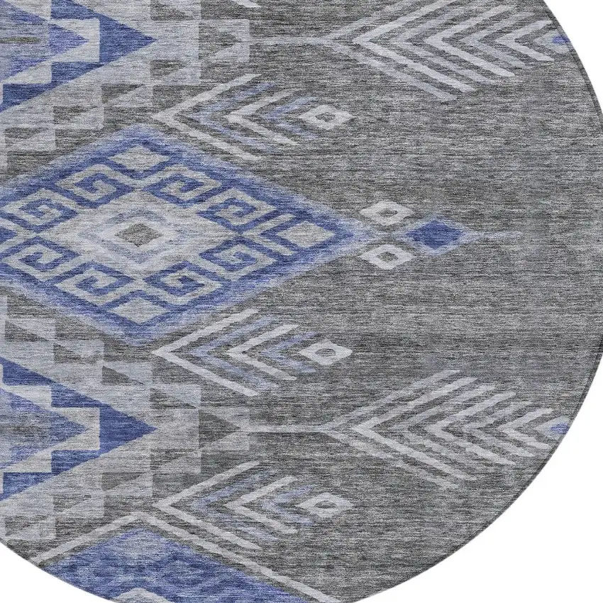 8' Pewter And Blue Round Southwestern Washable Indoor Outdoor Area Rug Photo 5