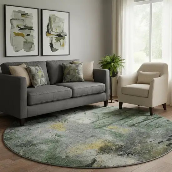 8' Pewter And Charcoal Abstract Washable Round Rug With UV Protection Photo 2