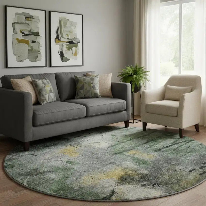 8' Pewter And Charcoal Abstract Washable Round Rug With UV Protection Photo 2