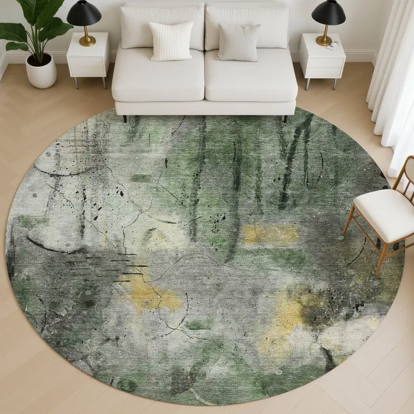 8' Pewter And Charcoal Abstract Washable Round Rug With UV Protection Photo 5