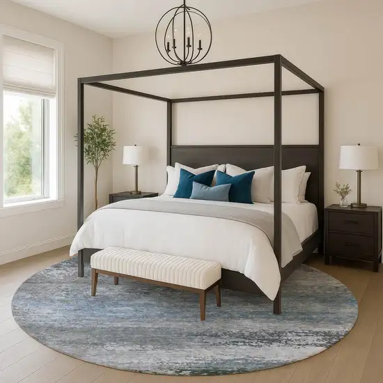 8' Pewter And Charcoal Abstract Washable Round Rug With UV Protection Photo 5