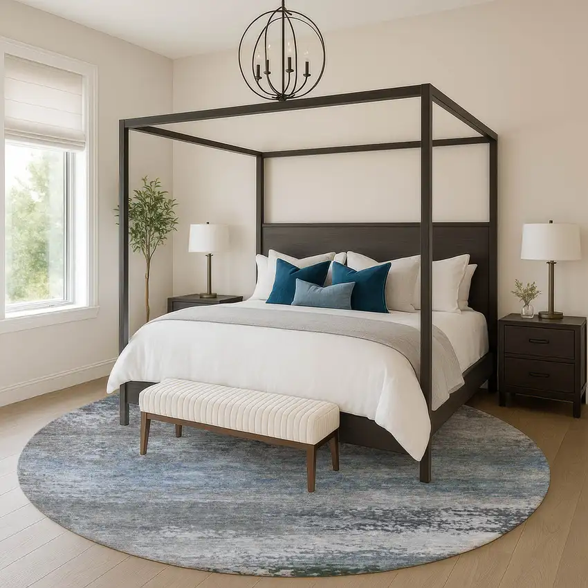 8' Pewter And Charcoal Abstract Washable Round Rug With UV Protection Photo 5