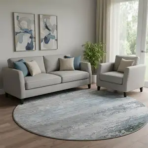 Photo of 8' Pewter And Charcoal Abstract Washable Round Rug With UV Protection