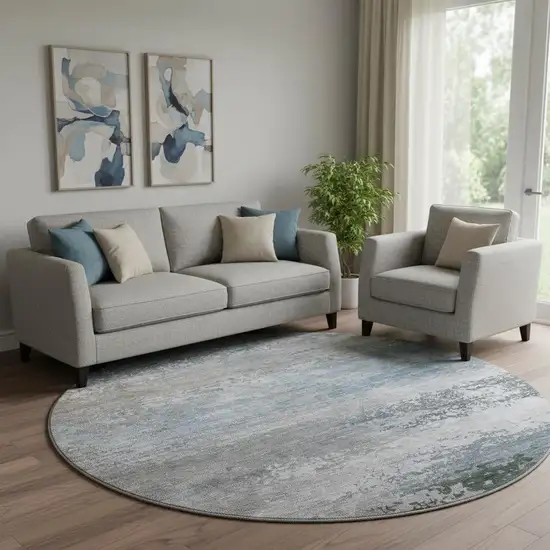 8' Pewter And Charcoal Abstract Washable Round Rug With UV Protection Photo 2