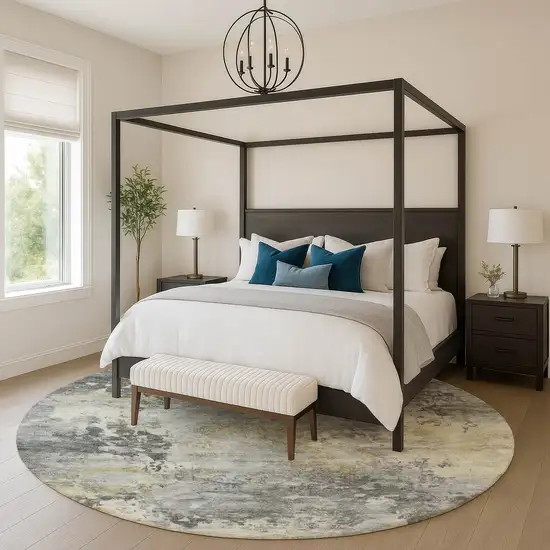 8' Pewter And Charcoal Abstract Washable Round Rug With UV Protection Photo 5