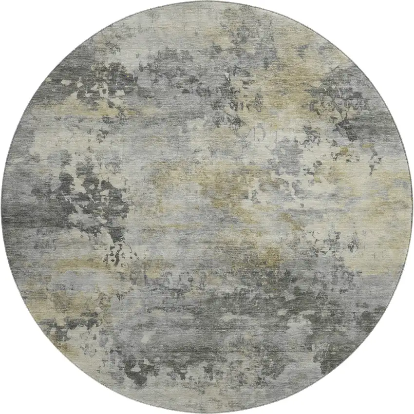 8' Pewter And Charcoal Abstract Washable Round Rug With UV Protection Photo 1