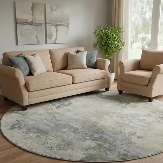 8' Pewter And Charcoal Abstract Washable Round Rug With UV Protection Photo 2