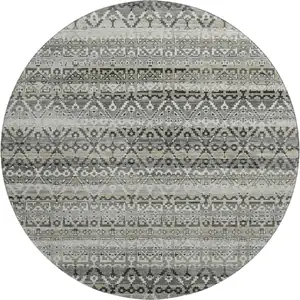 Photo of 8' Pewter And Charcoal Striped Washable Round Rug With UV Protection