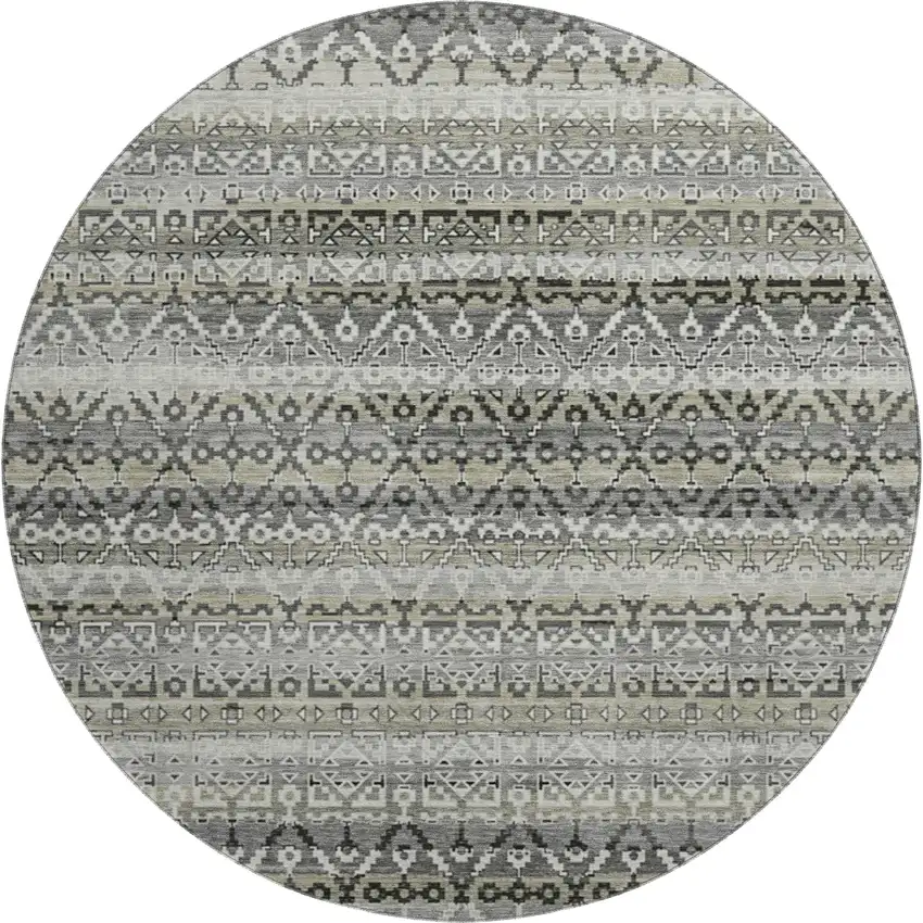8' Pewter And Charcoal Striped Washable Round Rug With UV Protection Photo 1