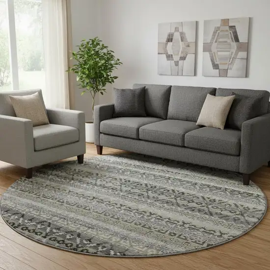 8' Pewter And Charcoal Striped Washable Round Rug With UV Protection Photo 2
