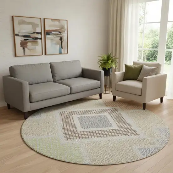 8' Pewter And Copper Geometric Washable Round Rug With UV Protection Photo 2