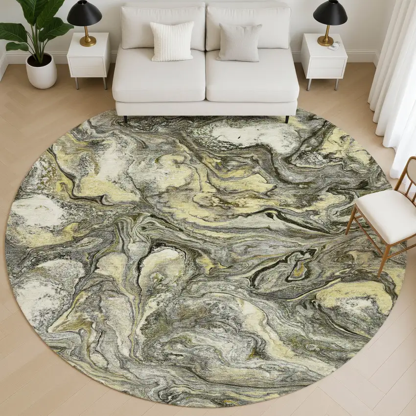 8' Pewter And Gold Abstract Washable Round Rug With UV Protection Photo 5