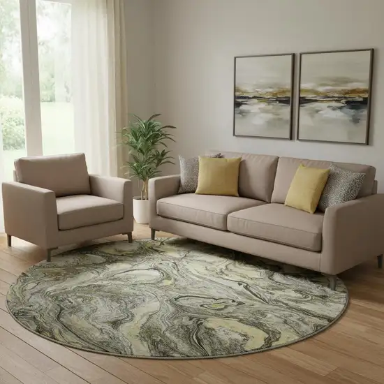 8' Pewter And Gold Abstract Washable Round Rug With UV Protection Photo 2