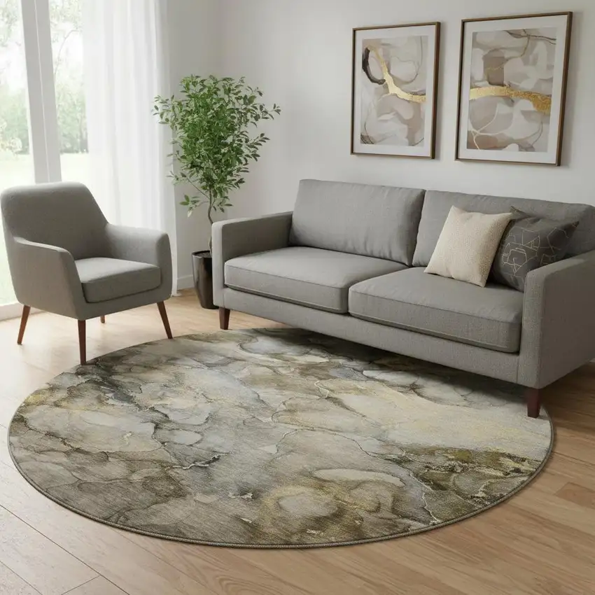 8' Pewter And Gold Abstract Washable Round Rug With UV Protection Photo 2