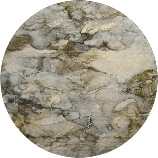 8' Pewter And Gold Abstract Washable Round Rug With UV Protection Photo 1