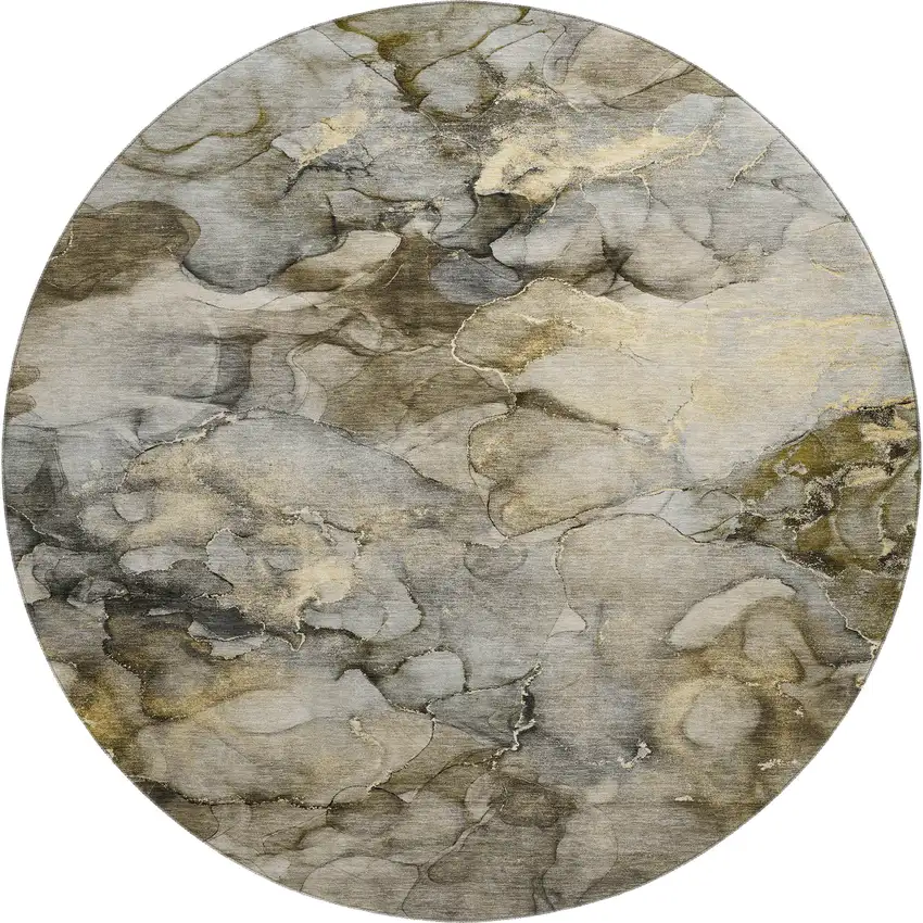 8' Pewter And Gold Abstract Washable Round Rug With UV Protection Photo 1