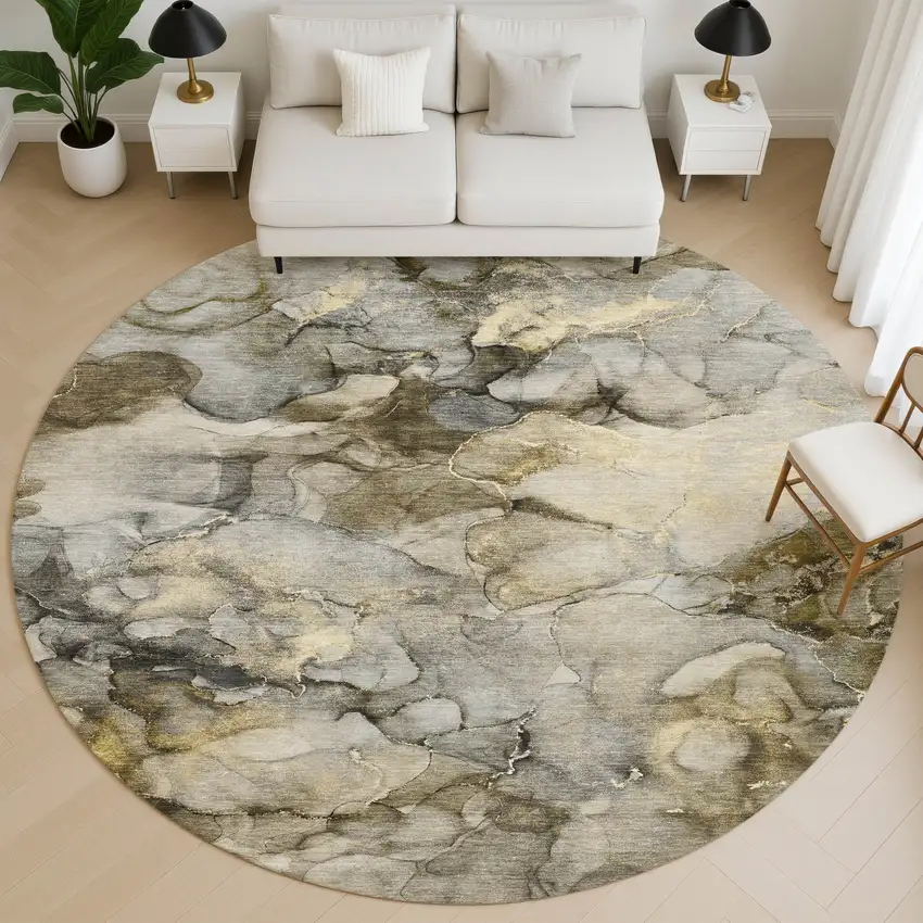 8' Pewter And Gold Abstract Washable Round Rug With UV Protection Photo 5