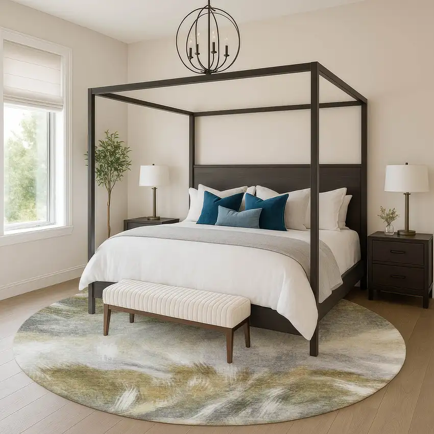 8' Pewter And Gold Abstract Washable Round Rug With UV Protection Photo 5