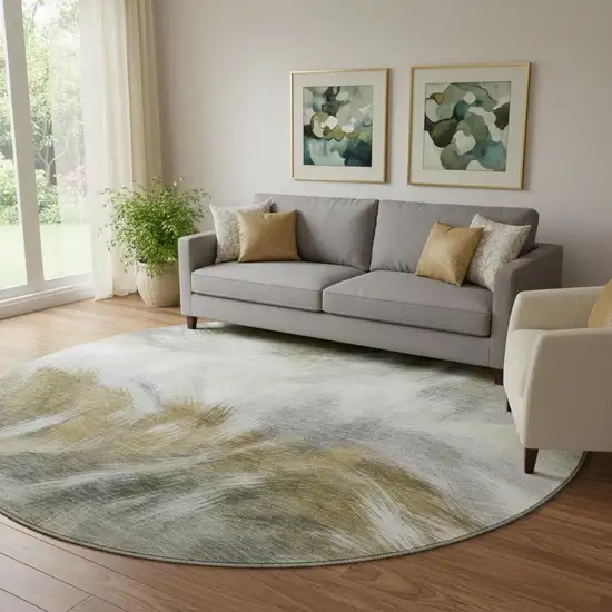 8' Pewter And Gold Abstract Washable Round Rug With UV Protection Photo 2