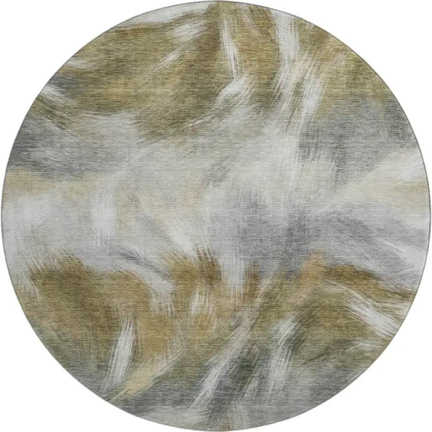 8' Pewter And Gold Abstract Washable Round Rug With UV Protection Photo 1