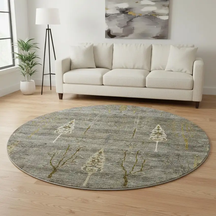 8' Pewter And Gold Floral Washable Round Rug With UV Protection Photo 2