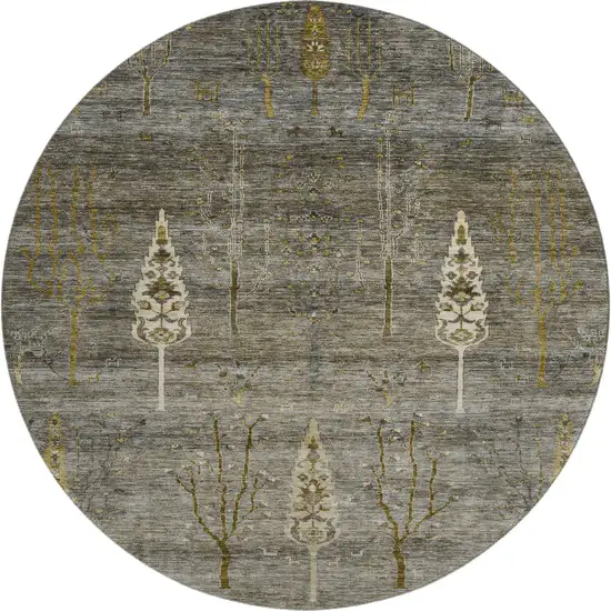 8' Pewter And Gold Floral Washable Round Rug With UV Protection Photo 1