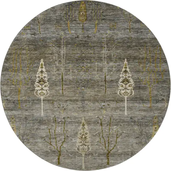 8' Pewter And Gold Floral Washable Round Rug With UV Protection Photo 4