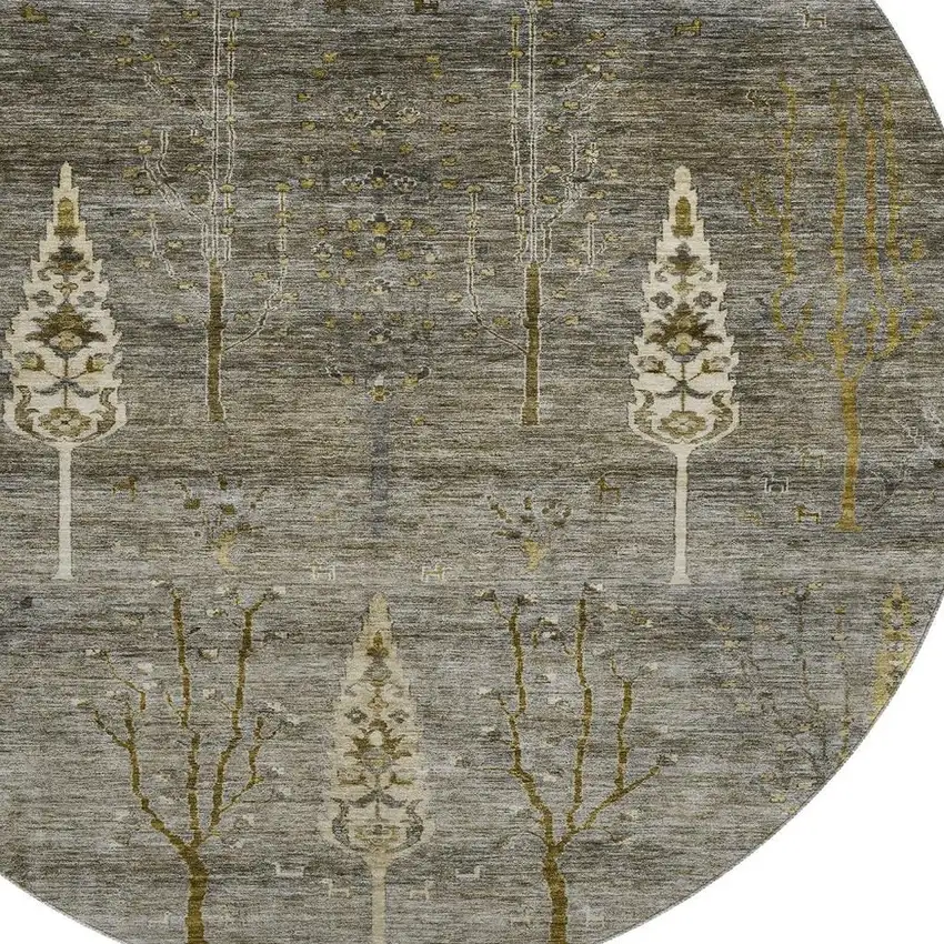 8' Pewter And Gold Floral Washable Round Rug With UV Protection Photo 3