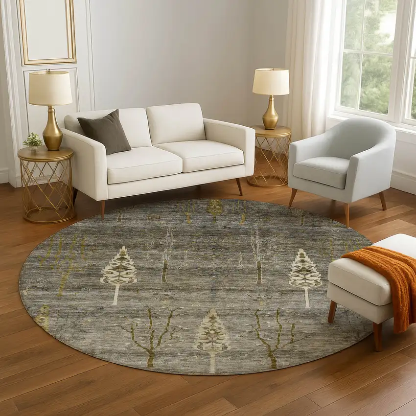 8' Pewter And Gold Floral Washable Round Rug With UV Protection Photo 5