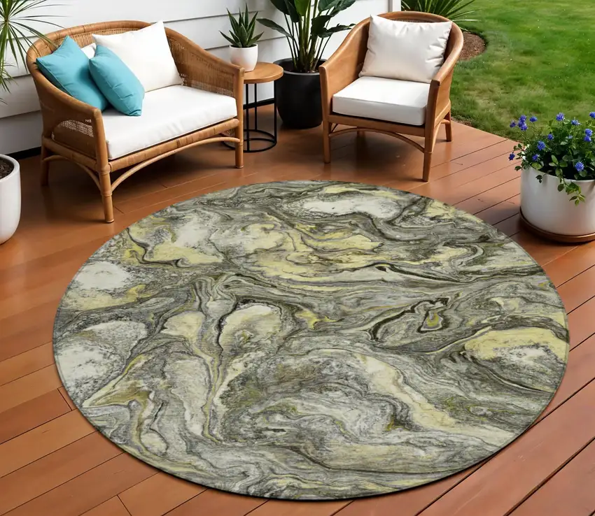 8' Pewter And Gold Round Abstract Washable Indoor Outdoor Area Rug Photo 2